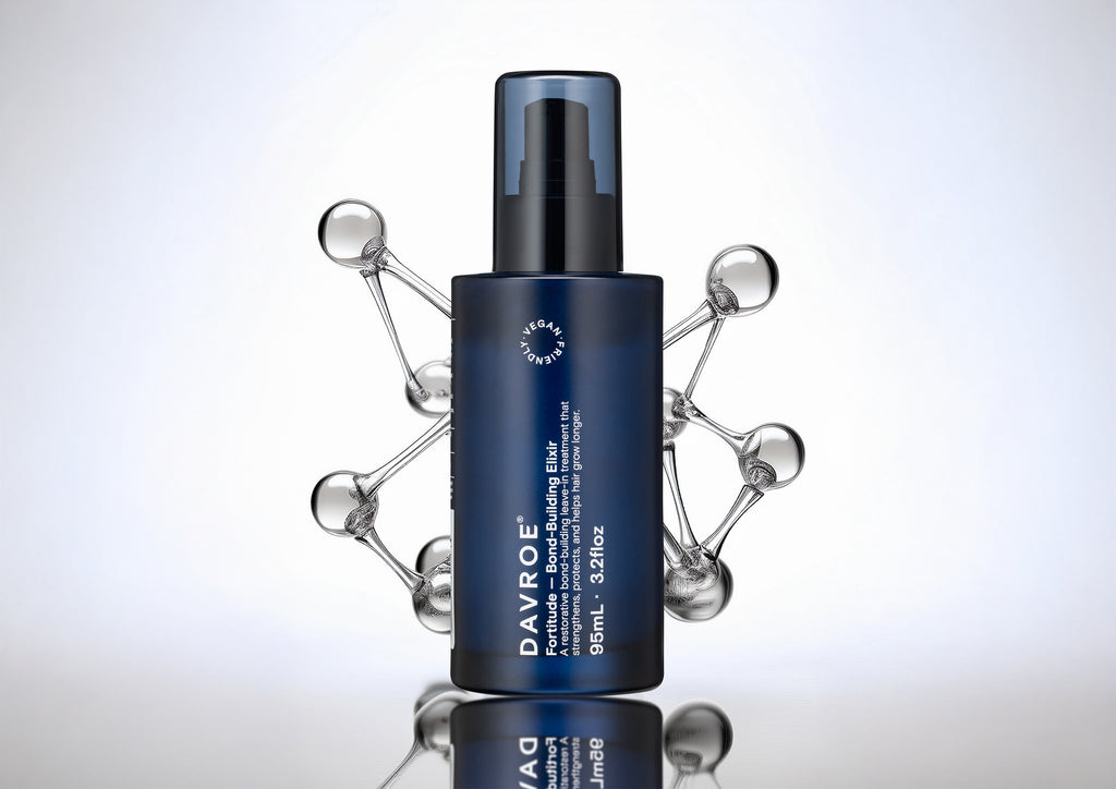 Blue skincare bottle with DAVEROE branding on a reflective surface with molecular structure graphics.