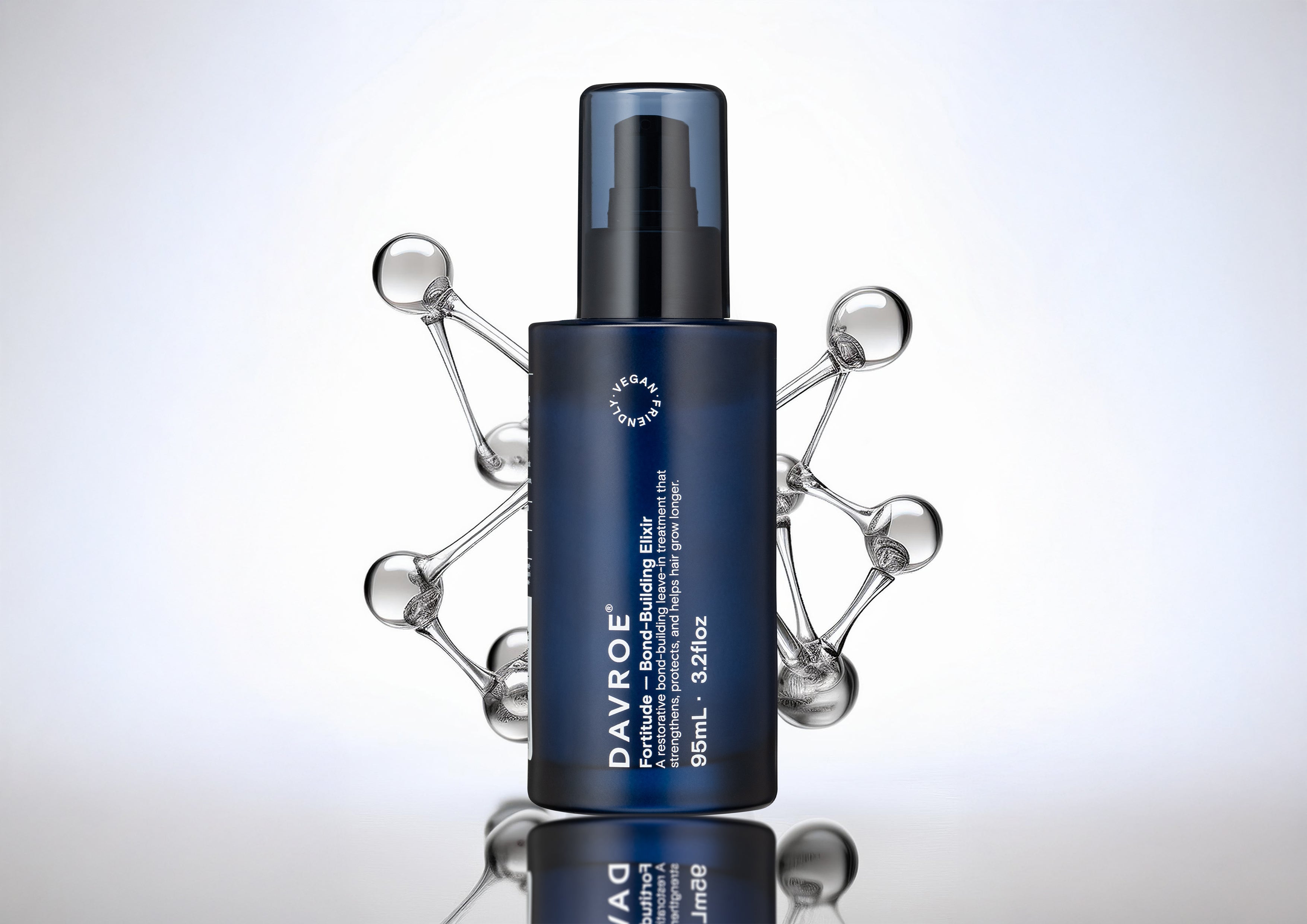 Blue skincare bottle with DAVEROE branding on a reflective surface with molecular structure graphics.